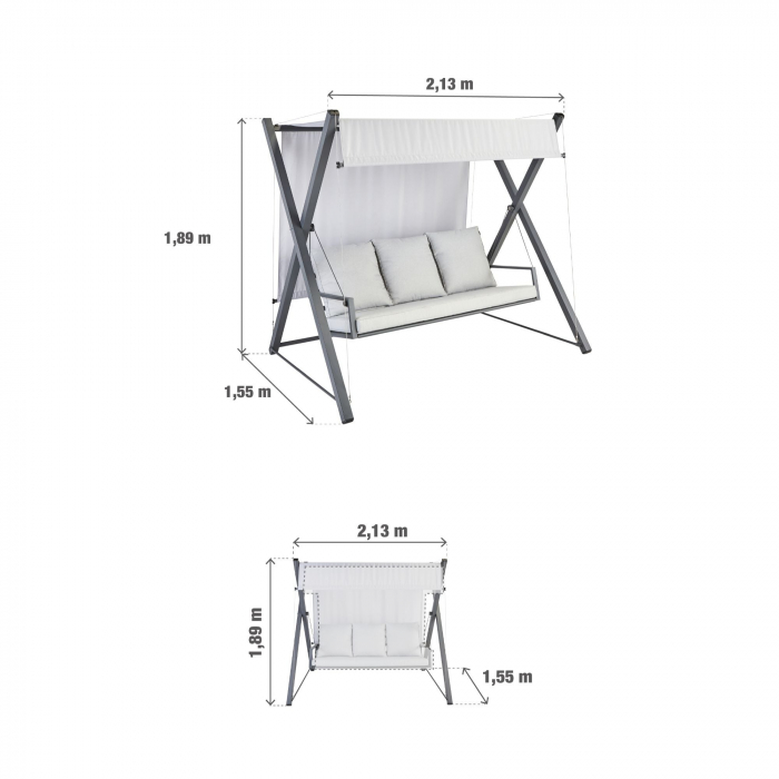 Balansoar gradina Naterial Odyseea, pentru 3 persoane, otel/textil, 213 x 155 x 189 cm, gri [9]