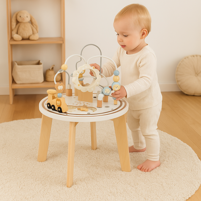 Măsuță Montessori din lemn 2în1 – circuit motric și senzorial cu vehicule, piese magnetice [6]