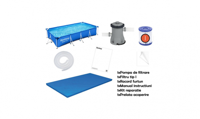 Piscina cadru metalic Bestway, 400x211x81 cm, 5.700 litri, cu pompa de filtrare inclusa si prelata de acoperire, albastru [2]
