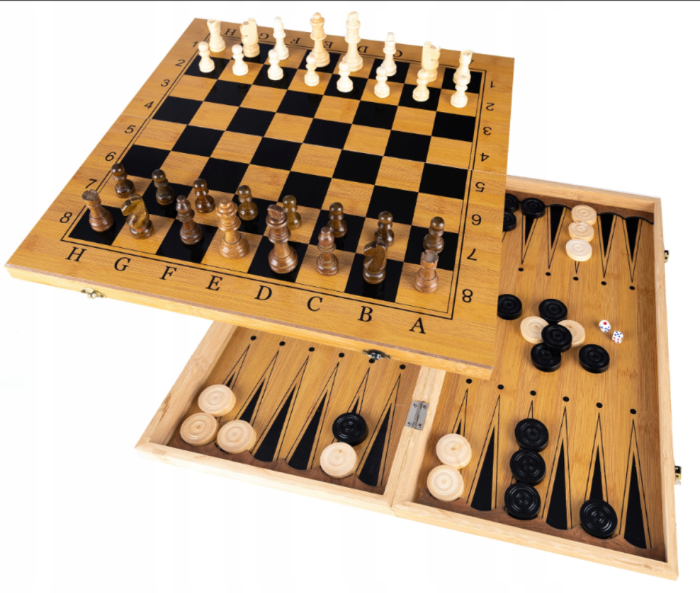 Set de joc 3 în 1 din lemn – Șah, Dame și Backgammon, cu tablă pliabilă 48x48 cm și piese incluse [2]