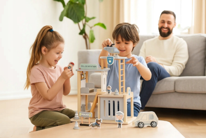 Set din lemn – Comisariat de Poliție cu vehicule, figurine și elicopter – Jucărie educativă [7]