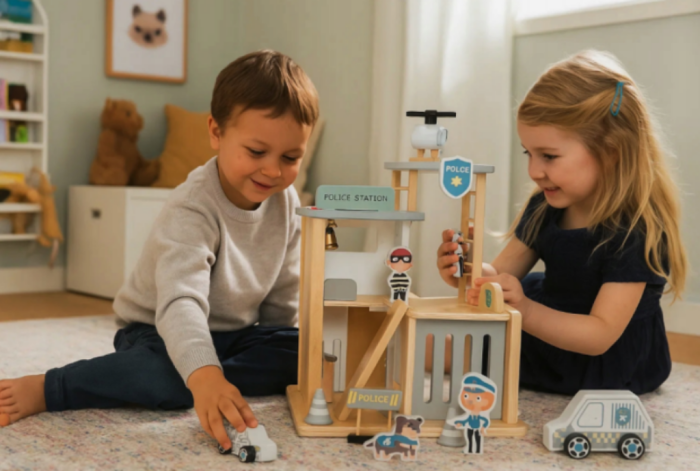 Set din lemn – Comisariat de Poliție cu vehicule, figurine și elicopter – Jucărie educativă [6]