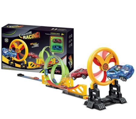 Vehicule și mașinuțe - Circuit de mașini pentru cascadorii – 140 cm, cu lansator, rampă de sărituri și 2 mașinuțe luminoase