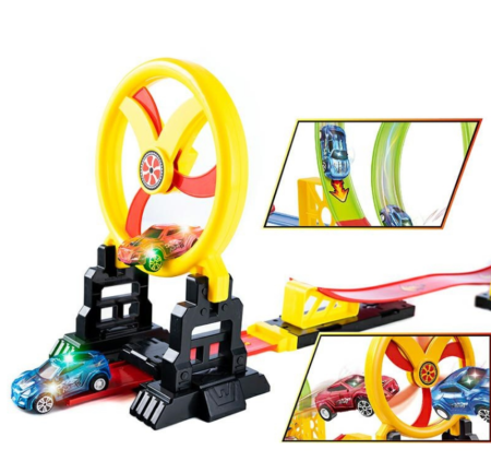 Circuit de mașini pentru cascadorii – 140 cm, cu lansator, rampă de sărituri și 2 mașinuțe luminoase [1]