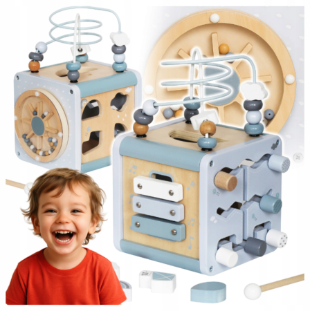 Jucării Montessori - Cub educațional din lemn – jucărie senzorială și interactivă cu xilofon, labirint și sorter