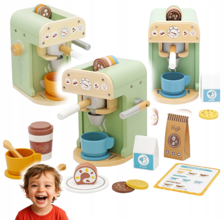 Jucării Montessori - Espressor de cafea din lemn pentru copii, set complet cu accesorii – jucărie educativă
