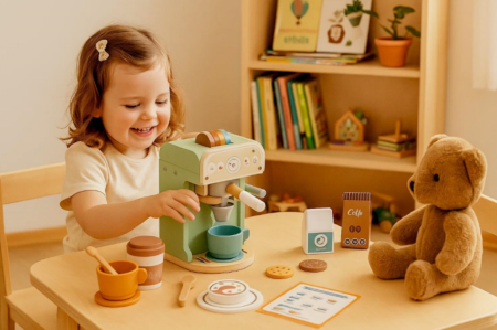 Espressor de cafea din lemn pentru copii, set complet cu accesorii – jucărie educativă [7]