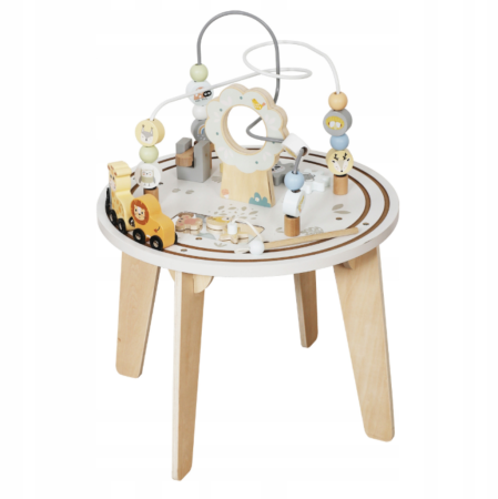 Jucării Montessori - Măsuță Montessori din lemn 2în1 – circuit motric și senzorial cu vehicule, piese magnetice