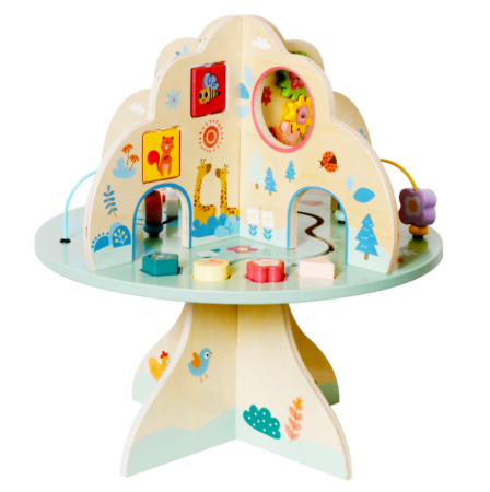 Jucării Montessori - Măsuță Montessori din lemn în formă de copac – jucărie senzorială cu bucle motrice