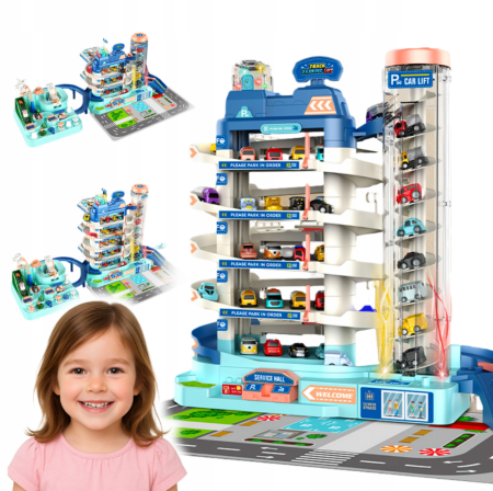Vehicule și mașinuțe - Parcare auto multietajată cu lift și tobogan – set complet cu mașinuțe și accesorii