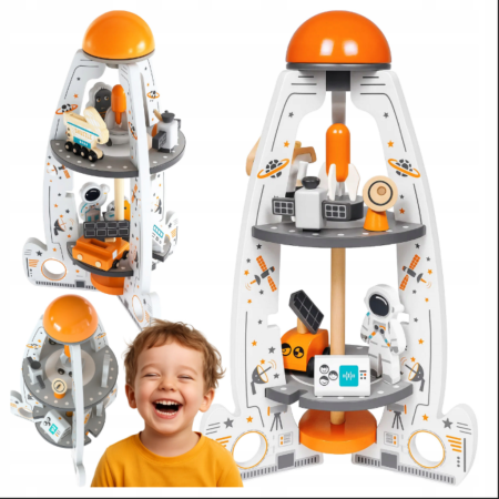 Jucării Montessori - Rachetă spațială din lemn – jucărie educativă și senzorială cu figurine și vehicule – 50 cm