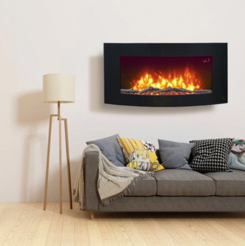 Șeminee - Semineu electric de perete cu LED, cu telecomanda, 2000W, curbat, culoare negru
