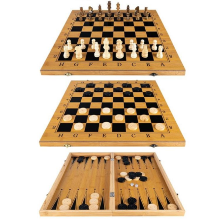 Seturi de joacă - Set de joc 3 în 1 din lemn – Șah, Dame și Backgammon, cu tablă pliabilă 48x48 cm și piese incluse