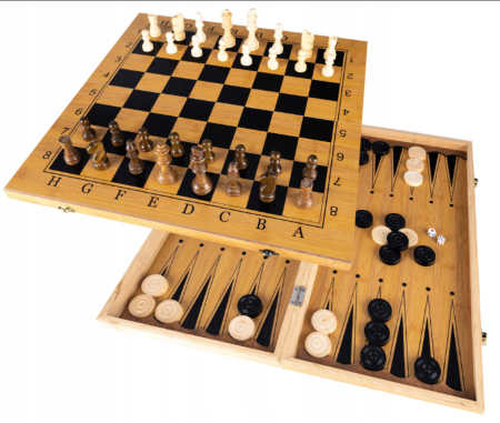Set de joc 3 în 1 din lemn – Șah, Dame și Backgammon, cu tablă pliabilă 48x48 cm și piese incluse [1]