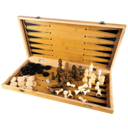 Set de joc 3 în 1 din lemn – Șah, Dame și Backgammon, cu tablă pliabilă 48x48 cm și piese incluse [2]