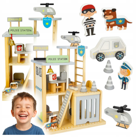 Jucării Montessori - Set din lemn – Comisariat de Poliție cu vehicule, figurine și elicopter – Jucărie educativă