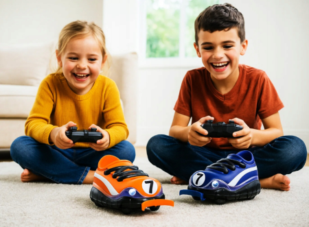 Set mașinuțe cu telecomandă RC – Autodrom pentru 2 jucători, cu porți, minge și baterii incluse [7]