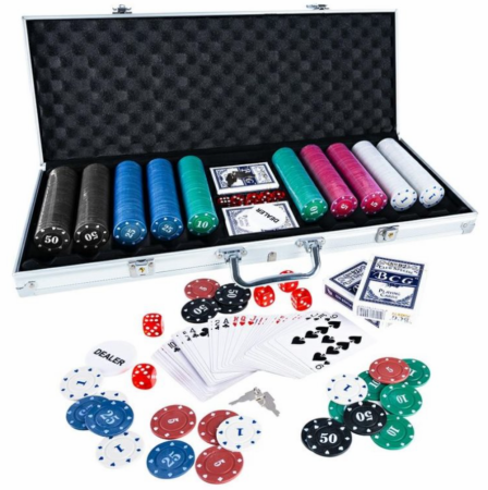 Seturi de joacă - Set profesional de Poker cu 500 de jetoane, 2 pachete de cărți, 5 zaruri și valiză aluminiu