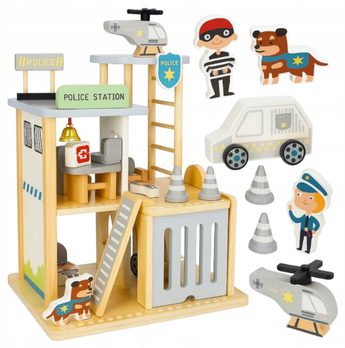 Set din lemn – Comisariat de Poliție cu vehicule, figurine și elicopter – Jucărie educativă [2]