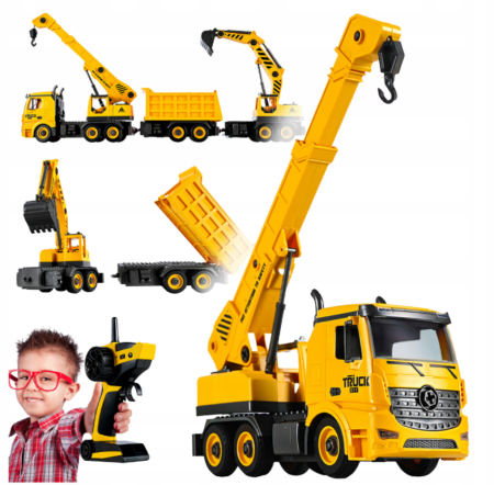 Articole copii - Camion 3în1 macara, excavator și basculantă, cu acumulator reîncărcabil și unelte pentru asamblare