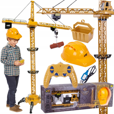 Articole copii - Macara cu telecomandă, sunete și lumini, 128 cm, cu accesorii și cască de constructor CADOU
