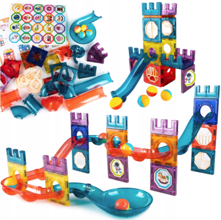Articole copii - Set de construcție magnetică – circuit cu bile, 54 piese, cu cărticică color și autocolante