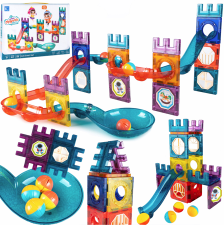 Set de construcție magnetică – circuit cu bile, 54 piese, cu cărticică color și autocolante [2]