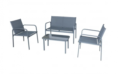 Mobilier grădină & terasă - Set mobilier PrestigeGarden ideal pentru gradina/terasa/balcon, culoare gri antracit, otel, 4 persoane, compus din masuta de cafea, 2 scaune si canapea