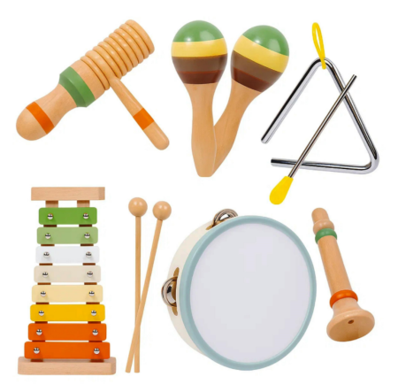Articole copii - Set Muzical din Lemn pentru Copii – Xilofon, Tamburină, Triunghi și Maracasuri – Jucărie Educativă