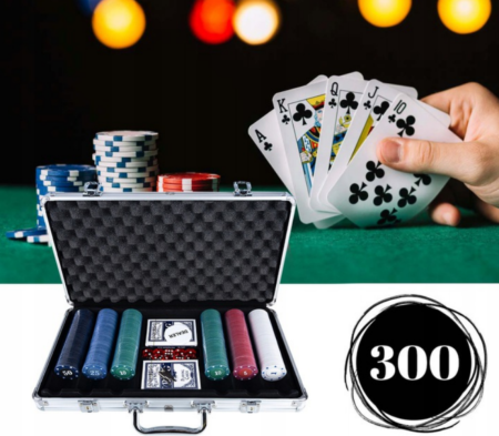 Seturi de joacă - Set profesional de Poker cu 300 de jetoane, servietă, 2 pachete de cărți, 5 zaruri și jeton DEALER