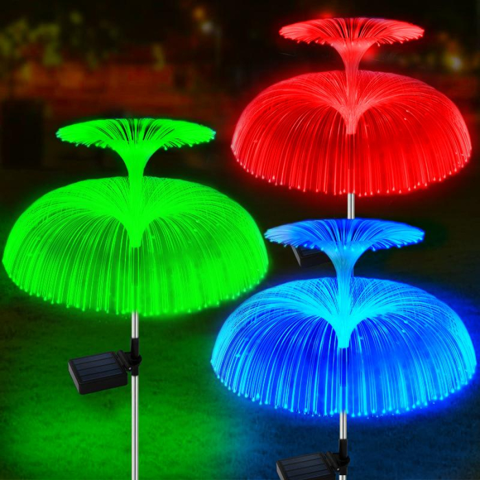 CADOU  + SET 4 Lampi solare decorativa, tip meduza dubla, pentru gradina, cu lumina LED RGB, fibra optica, 7 culori [2]