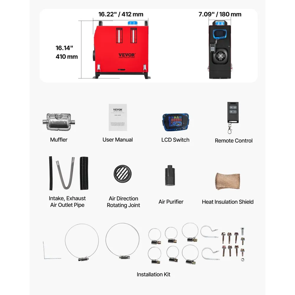 Încălzitor de aer diesel VEVOR, 12-24V 8KW, încălzitor de parcare diesel cu încălzire rapidă, telecomandă și comutator LCD albastru, zgomot redus [2]
