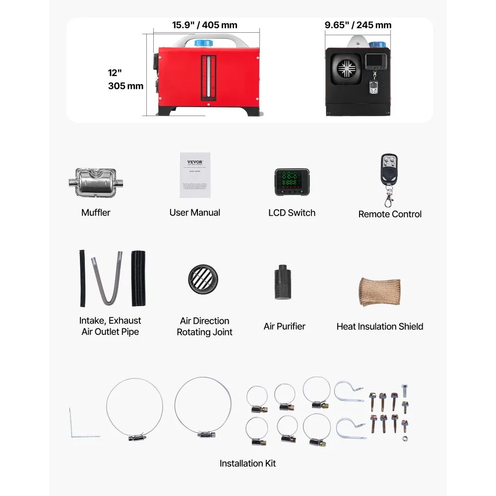 Încălzitor de aer diesel VEVOR, 12-24V 8KW, încălzitor de parcare diesel cu încălzire rapidă, telecomandă și comutator LCD negru, zgomot redus, funcție de preîncălzire [2]
