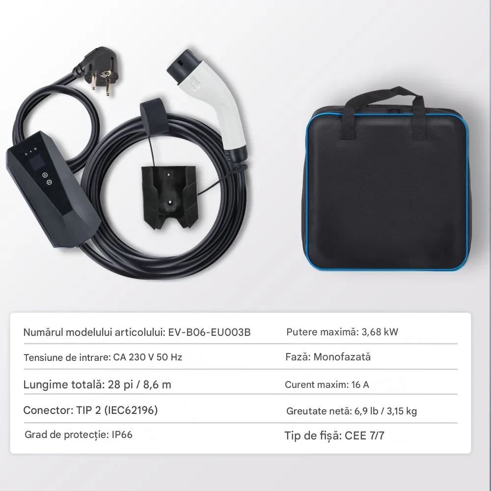 Încărcător portabil VEVOR EV Tip 2, 16A 3,7 kW, încărcător auto pentru vehicule electrice cu cablu de încărcare de 8,6 m, ecran LCD cu mufă CEE 7/7, stație de încărcare EV IEC 62196 cu cârlig pentru c [6]
