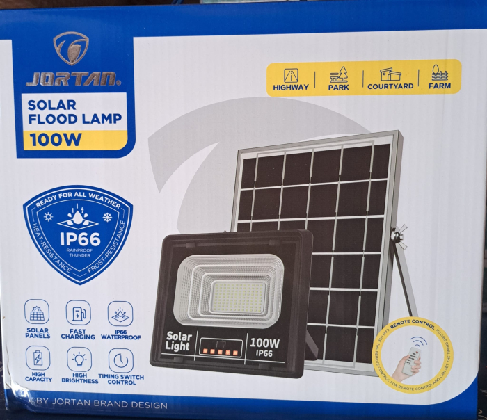 JORTAN Lampa solara de exterior 100W, Proiector cu 54 LED SMD, cu Telecomanda si senzor lumina, panou solar inclus [2]