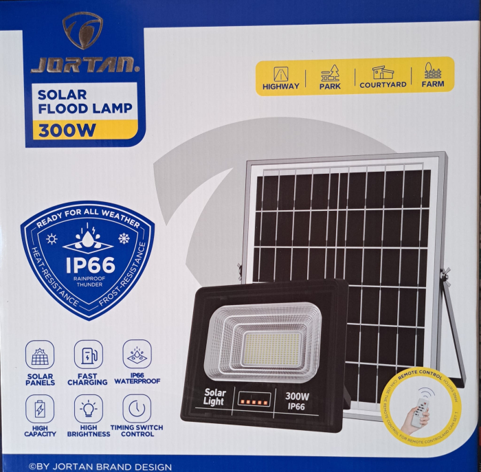 JORTAN Proiector LED SMD 300W cu incarcare solara, panou solar, cu telecomanda, suport prindere, material ABS [2]