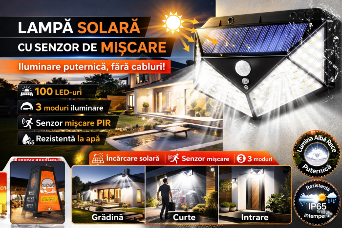 Lampa Solară 100 LED-uri cu Senzor de Mișcare, Model Nou, Rezistentă la Apă, 3 Moduri de Iluminare, Autonomie Mare - Ideală pentru Grădină și Spații Exterioare” [3]
