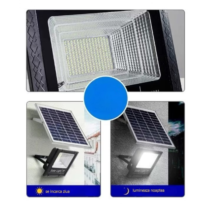 Lampa solara de exterior 200W, Proiector cu 54 LED SMD, cu Telecomanda si senzor lumina, panou solar inclus [5]