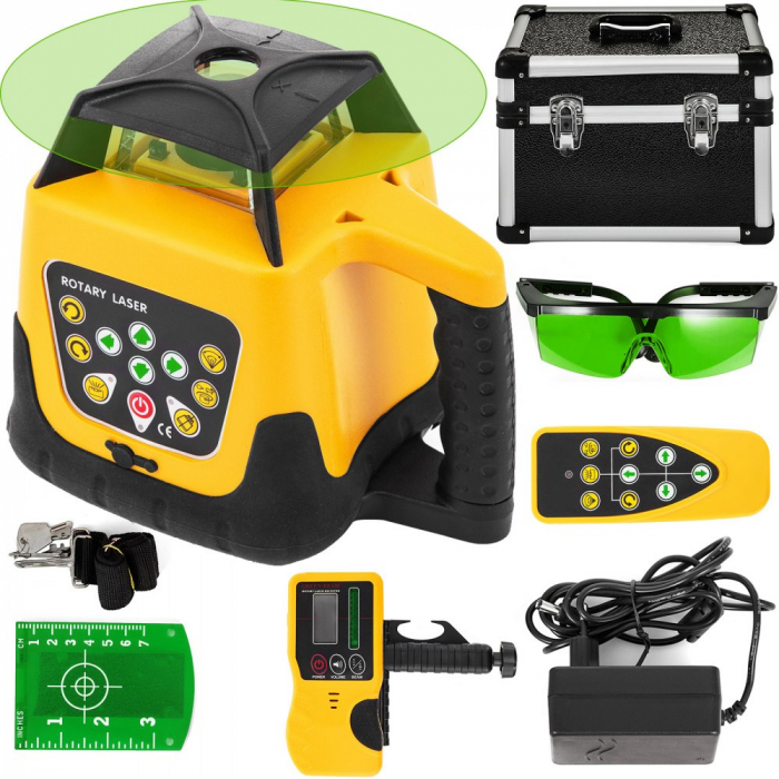 Nivel laser rotativ VEVOR lumina verde Raza de acțiune 500 m Pantă reglabilă la 360° Rotire precisă cu telecomandă și receptor [1]