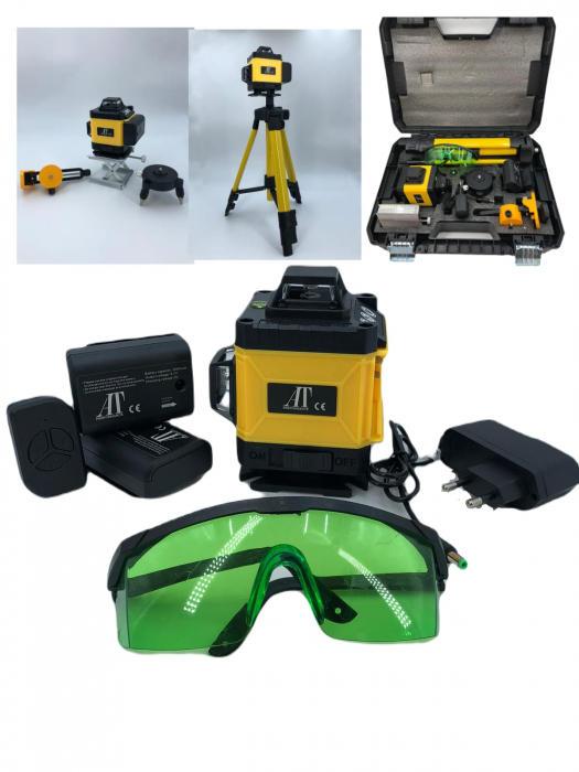 Nivela laser 4D cu 16 linii, 360°, Platforma de ridicare, cu autonivelare, Telecomanda, Lumina verde, Trepied 150 cm, Negru/GALBEN. [2]
