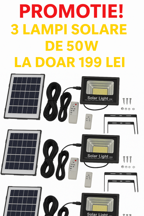 PACHET 3 X Proiector LED Cu Panou Solar , 50W, Control Prin Telecomanda, Senzor Crepuscular + Accesorii [1]