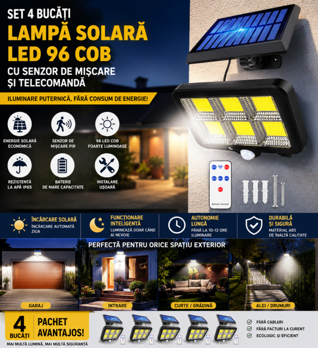 Set 4x Lampi Solare  160 LED COB, 8 Cadrane, Senzor Miscare, Panou Detașabil, IP66 + Telecomandă, [2]