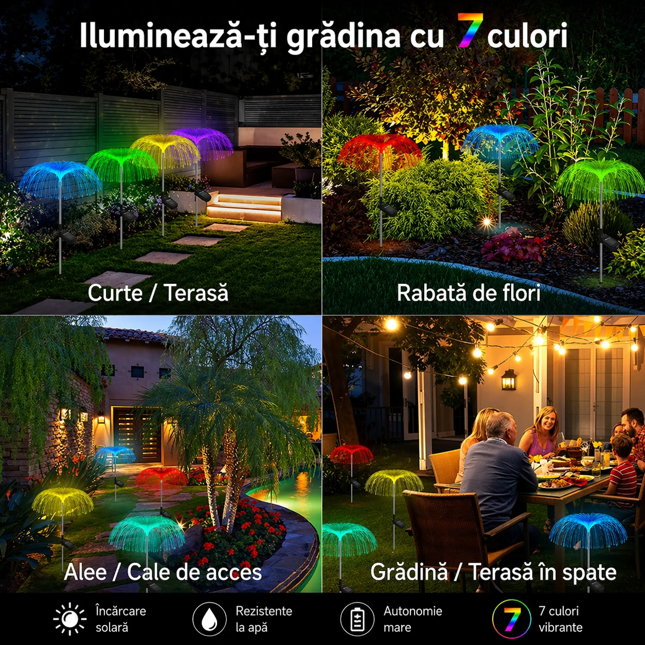 CADOU + SET 5 Lampi solare decorativa, tip meduza, pentru gradina, cu lumina LED RGB, fibra optica, 7 culori [3]