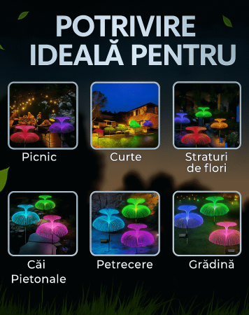 CADOU  + SET 4 Lampi solare decorativa, tip meduza dubla, pentru gradina, cu lumina LED RGB, fibra optica, 7 culori [2]
