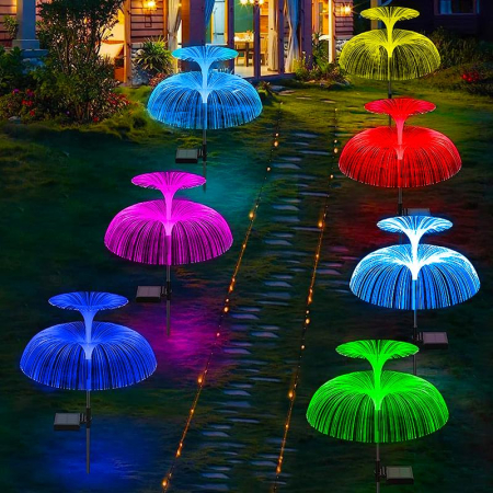 LAMPI SOLARE - CADOU  + SET 4 Lampi solare decorativa, tip meduza dubla, pentru gradina, cu lumina LED RGB, fibra optica, 7 culori