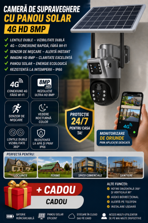 CAMERE SUPRAVEGHERE - Camera De Supraveghere Cu Panou Solar,4G,Senzor De Miscare,WIFI Lentile Duble,4G HD 8MP