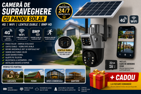 CAMERE SUPRAVEGHERE - Card 32 gb Camera De supraveghere Cu Panou Solar,4G,Senzor De Miscare,WIFI Lentile Duble,4G HD 8MP