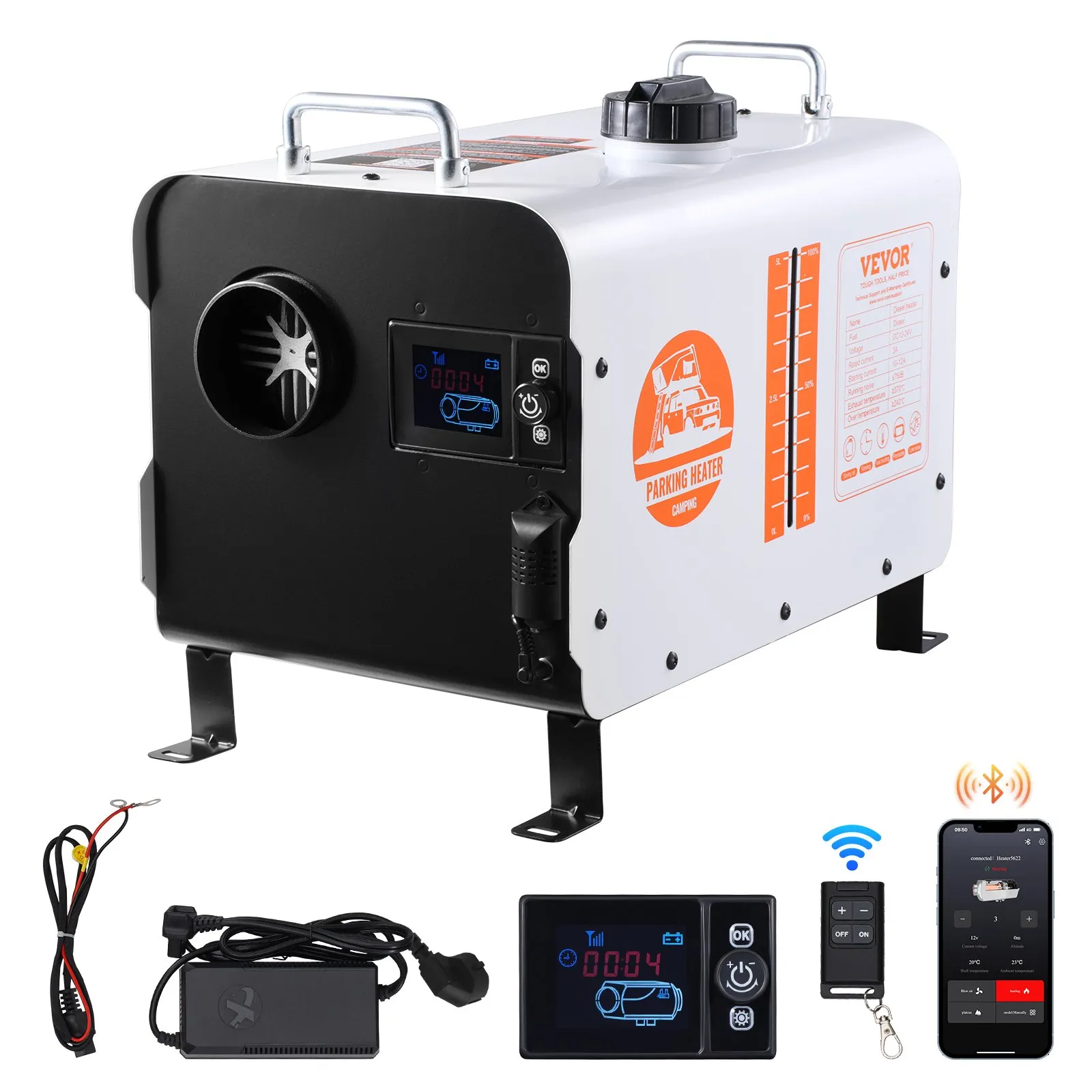 SIROCOURI , WEBASTO - Încălzitor diesel VEVOR 8KW, încălzitor de aer diesel multifuncțional 12V/24V,  220 V cu control prin aplicație Bluetooth, telecomandă și ecran de afișare, alarmă CO, încălzitor diesel portabil cu înc