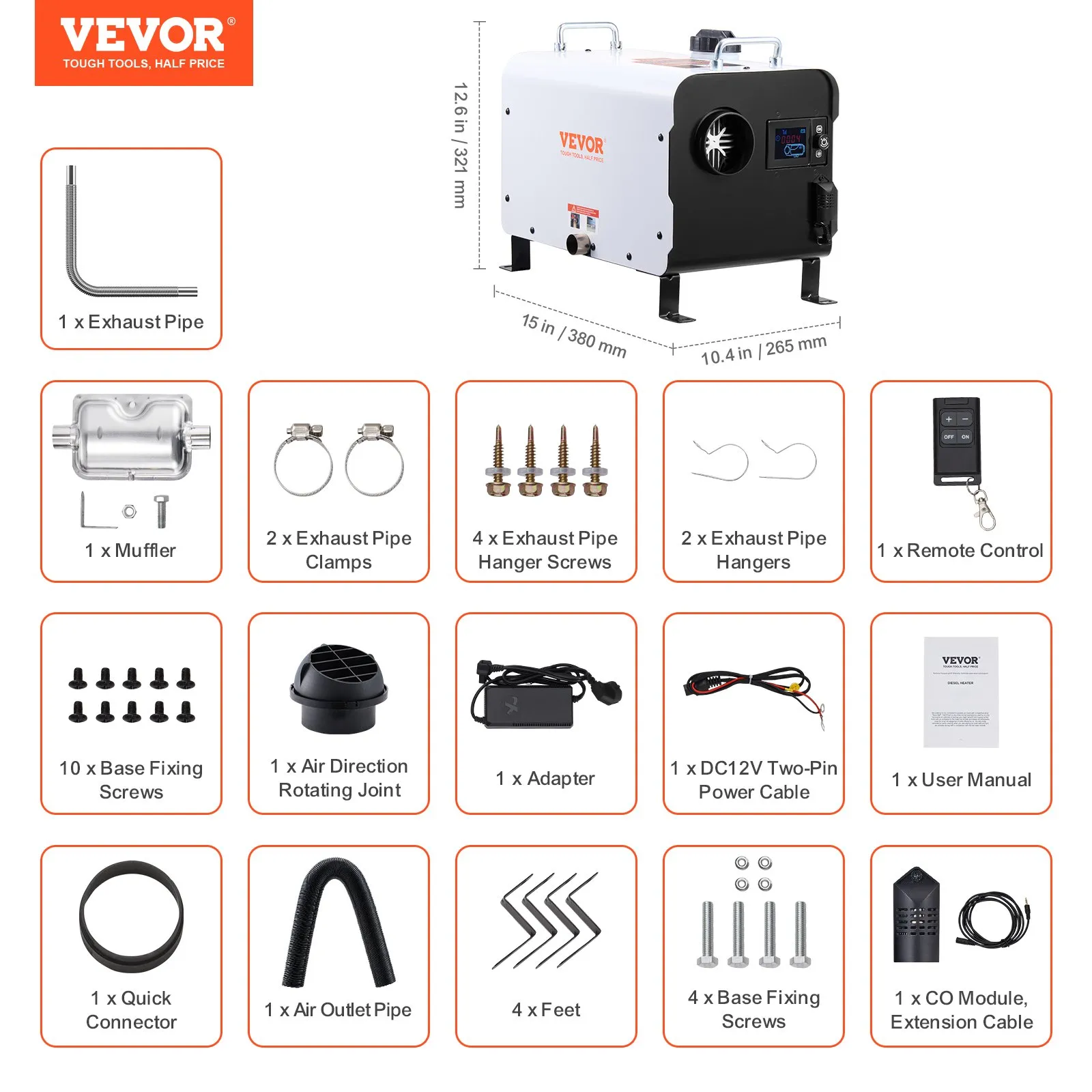 Încălzitor diesel VEVOR 8KW, încălzitor de aer diesel multifuncțional 12V/24V,  220 V cu control prin aplicație Bluetooth, telecomandă și ecran de afișare, alarmă CO, încălzitor diesel portabil cu înc [5]