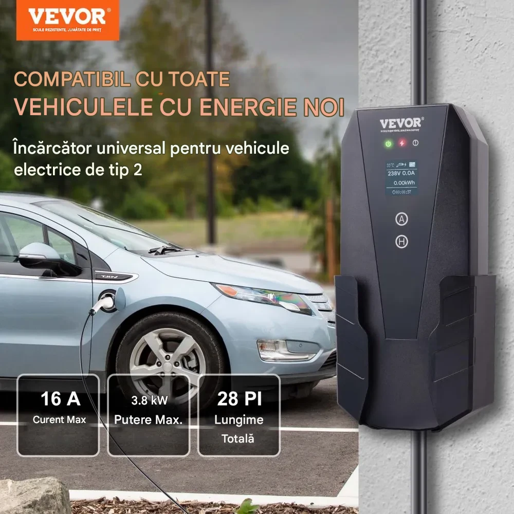Încărcător portabil VEVOR EV Tip 2, 16A 3,7 kW, încărcător auto pentru vehicule electrice cu cablu de încărcare de 8,6 m, ecran LCD cu mufă CEE 7/7, stație de încărcare EV IEC 62196 cu cârlig pentru c [4]